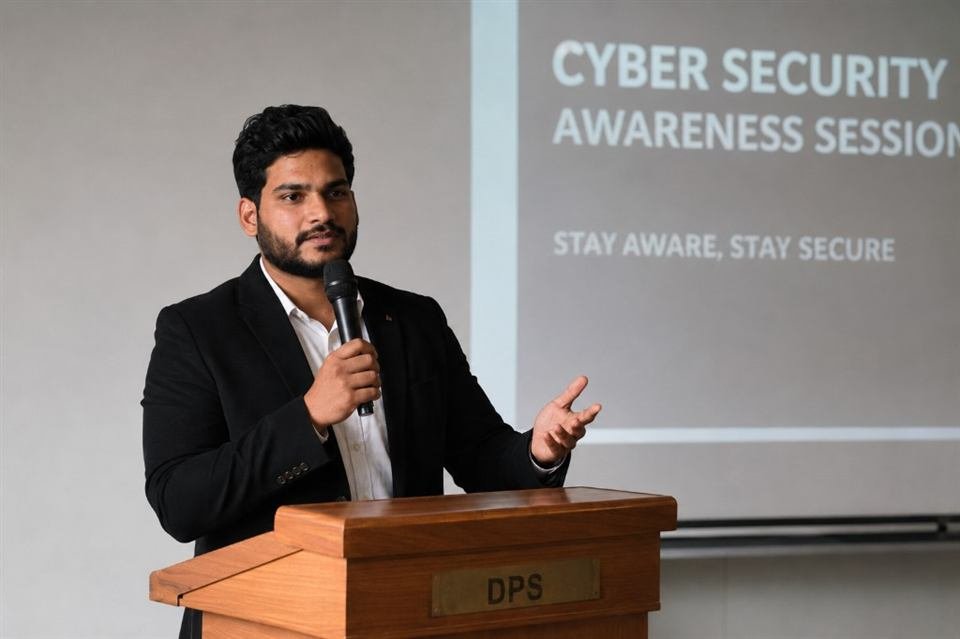 Aadish Jain speaking at a cybersecurity awareness session